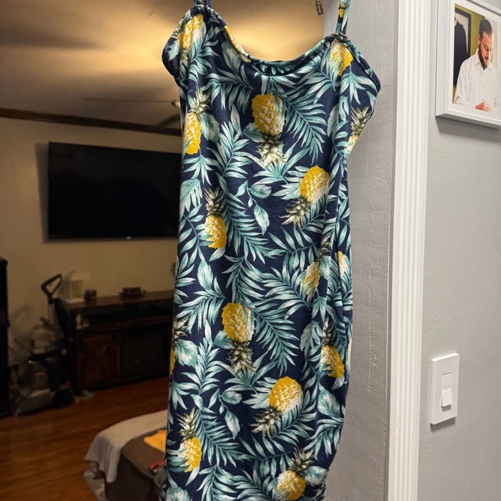 Navy and Yellow Pineapple Print Midi Dress
